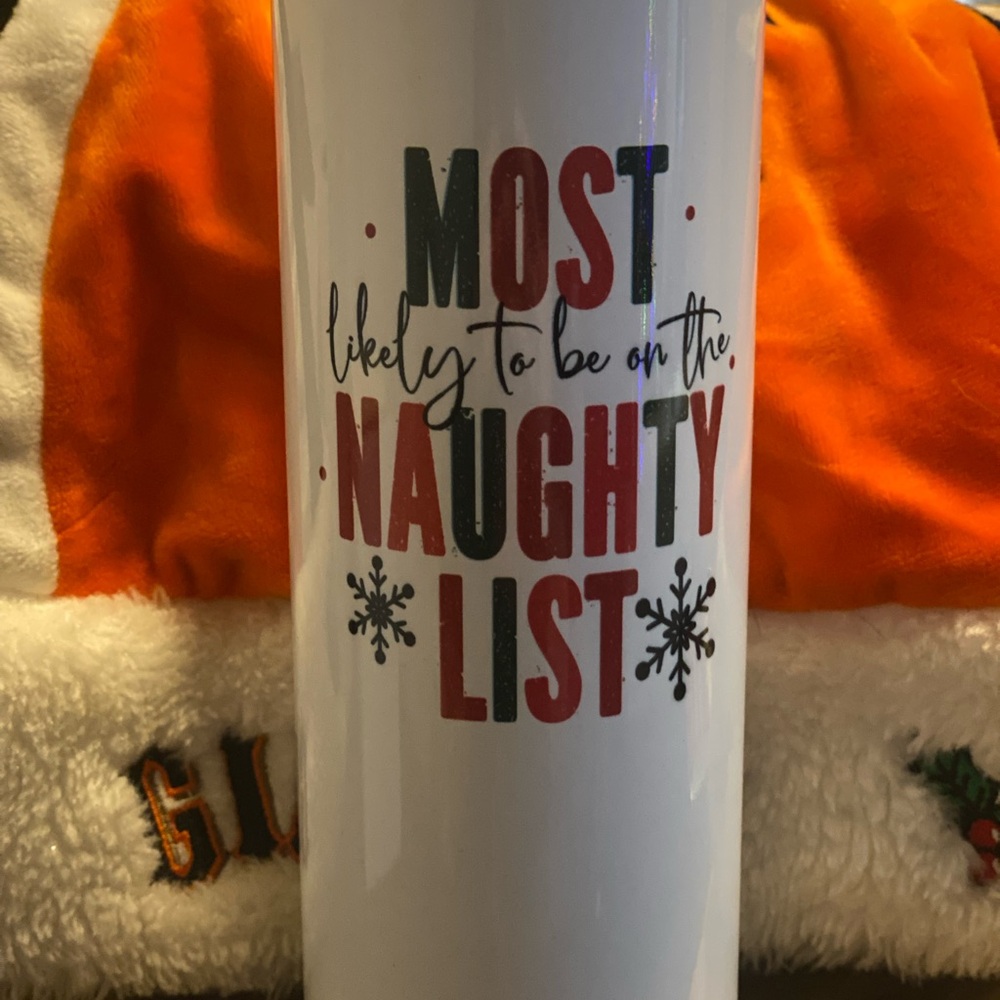 Festive White Tumbler with Naughty List Design